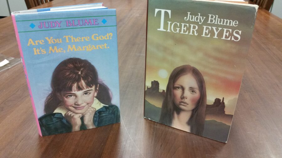 Covers of Judy Blume's "Are You There God? It's Me, Margaret" and "Tiger Eyes."