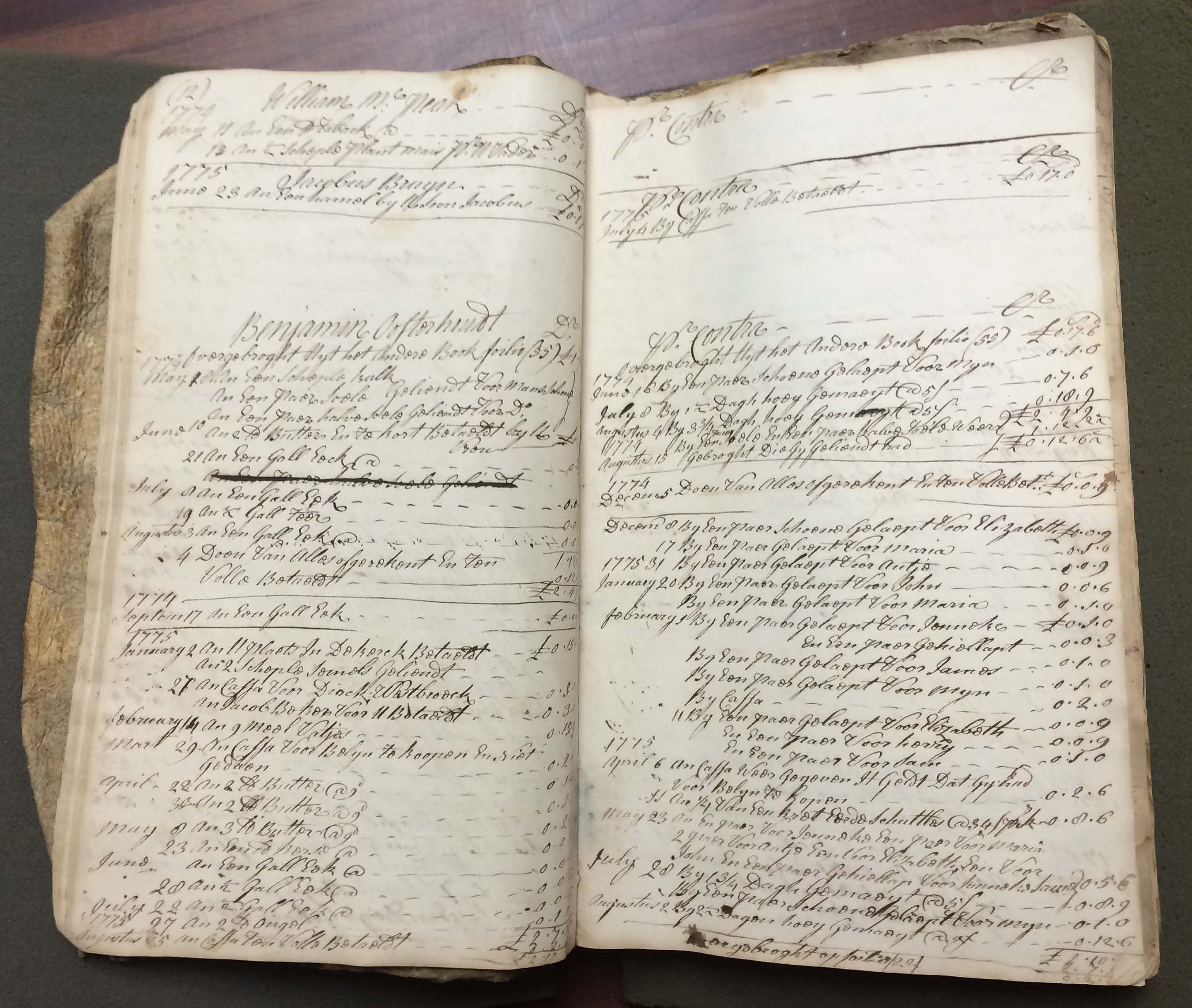 Farm ledger opened for Benjamin Oosterhoudt, shoe maker, showing debited entries on left and credited entries on right