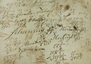 Detail of a sheet of scrap paper with calculations and Hardenbergh's name in the ledger 