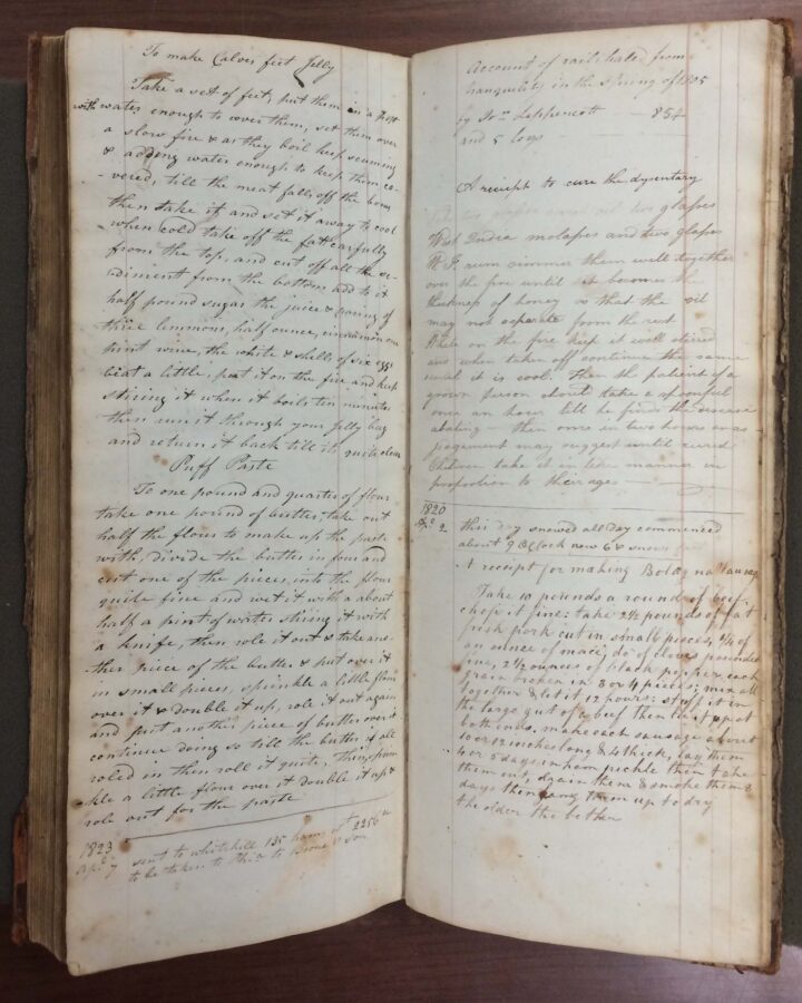 Pages include recipes for calves feet jelly and puff paste (left), a cure for dysentery, and a recipe for bologna sausage (right)