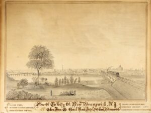 Pencil sketch copy of lithograph by J.H. Bufford with caption "View of the City of New Brunswick, N.J.: Taken from the Rail Road Hotel at East Brunswick."