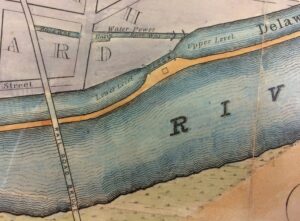 Detail of a colored map showing Raritan River and rail road bridge