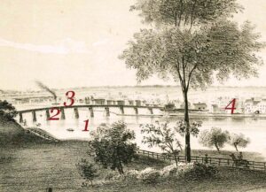 Detail of the litograph depicting bridge over the RaritanRiver and horse back rider on the river bank