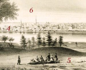 Detail of the lithograph depicting hikers sitting on a tree trunk admiring the view