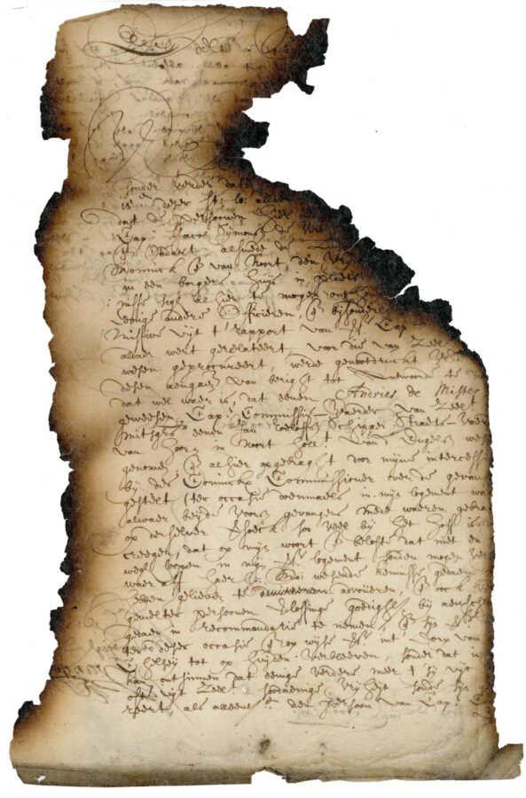 Photo of document with 17th century writing with burn marks on the sides and top right missing 