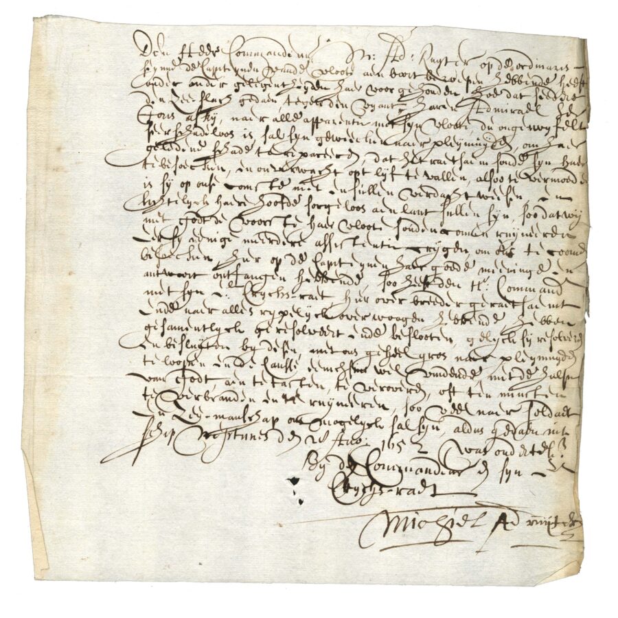 Document in 17th century writing signed by Michiel A. de Ryter