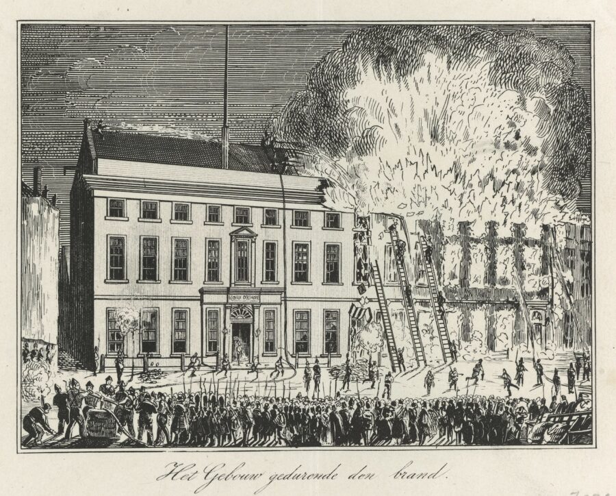 Engraving of large building on fire, showing fire fighters climbing ladders and materials thrown out of the windows