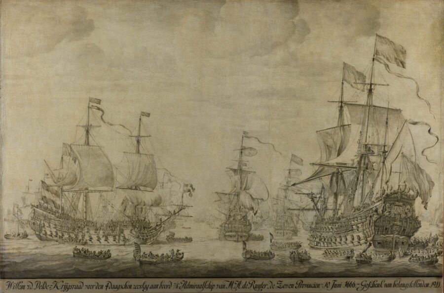 Ink drawing of Michiel de Ruyter's flag ship and other sailing ships and  men in small  rowing boats