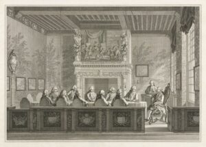 Print of 11 wigged men around a table talking to stadtholder William V seated on right