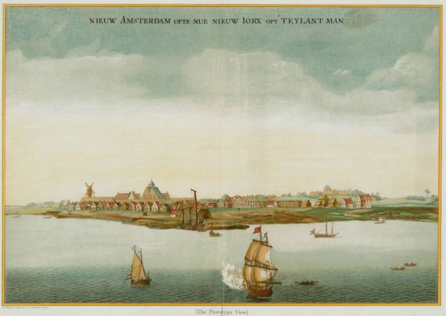 Depiction of Manhattan island seen from the water, showing houses, mills, and ships