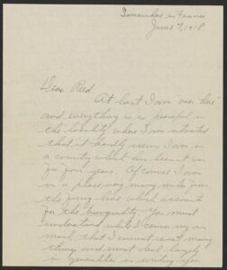 First page of handwritten letter, dated June 7, 1918, written from "Somewhere in France."