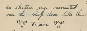 excerpt from a handwritten letter with the word "PEACE" with triangles before and after with "11"s on all three sides.